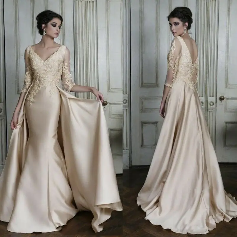 

Dubai Mother Of The Bride Dresses Champagne V Neck Backless Detachable Train Formal Groom Mom Elegant Party Dresses With Sleeve