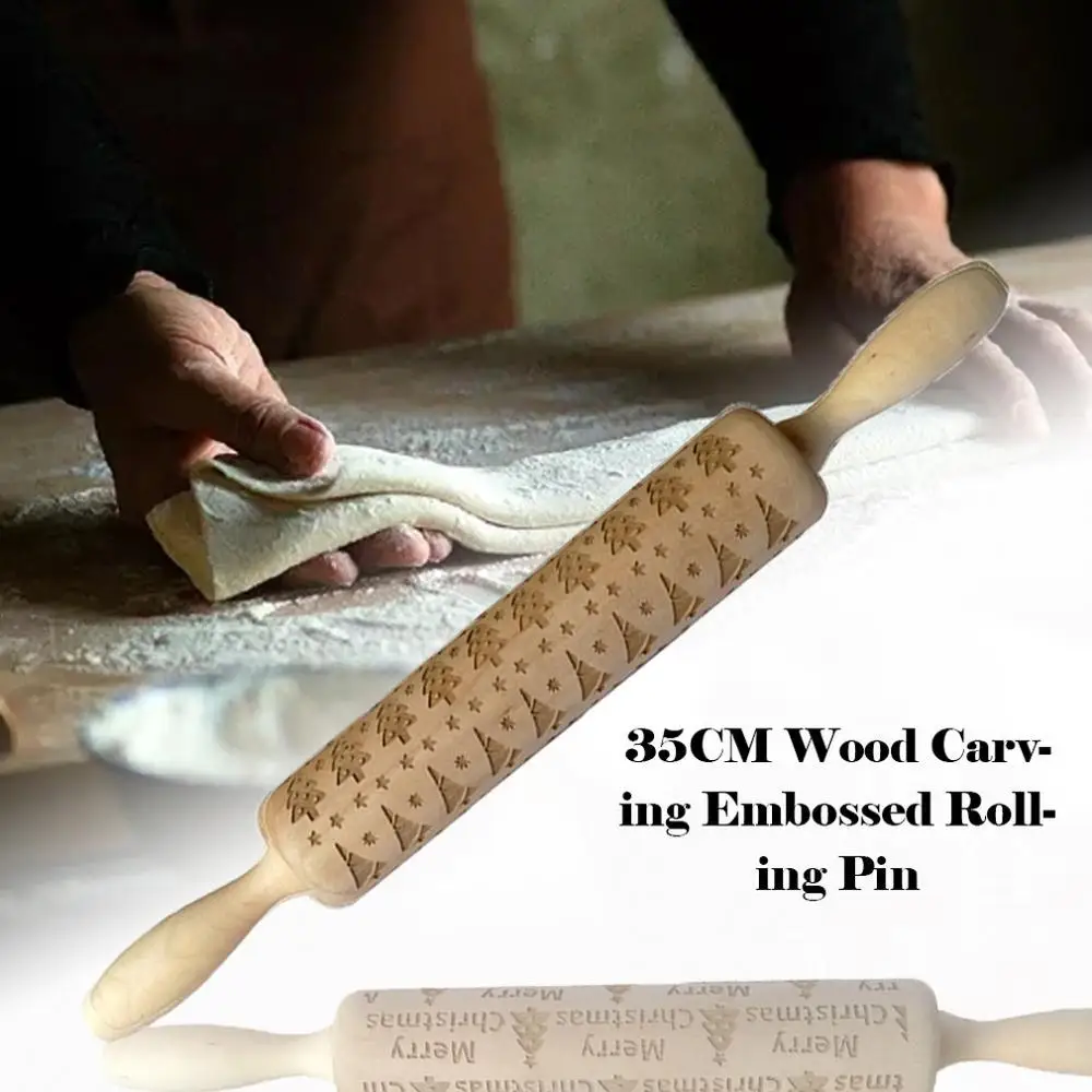 35cm Smiley Engraved Embossing Rolling Pin With Christmas Symbols For Baking Embossed Cookies Wooden Rolling Pins