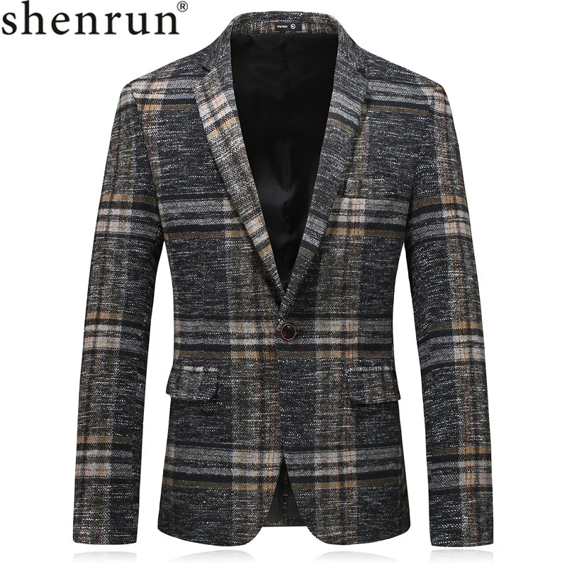 

Shenrun Men Blazers Autumn Winter Gray Coffee Grey Check New Fashion Suit Jacket Slim Business Jackets Casual Single Breasted