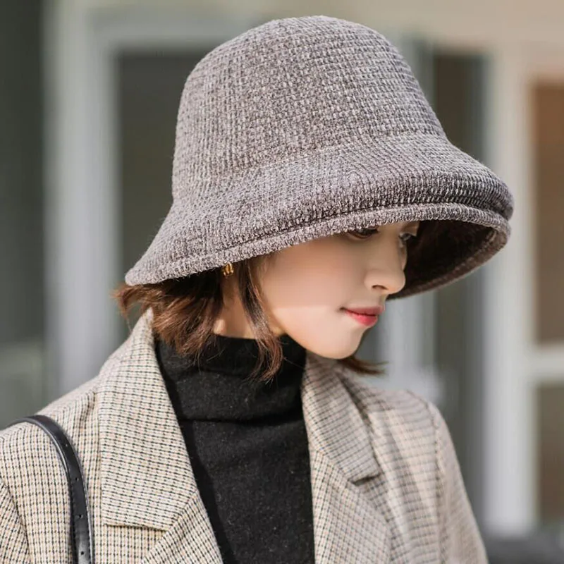 Bucket Hat Cover New Design For Women Solid Chenille Solid color Outdoor Autumn Winter For Ladies Fisherman Hat For Female