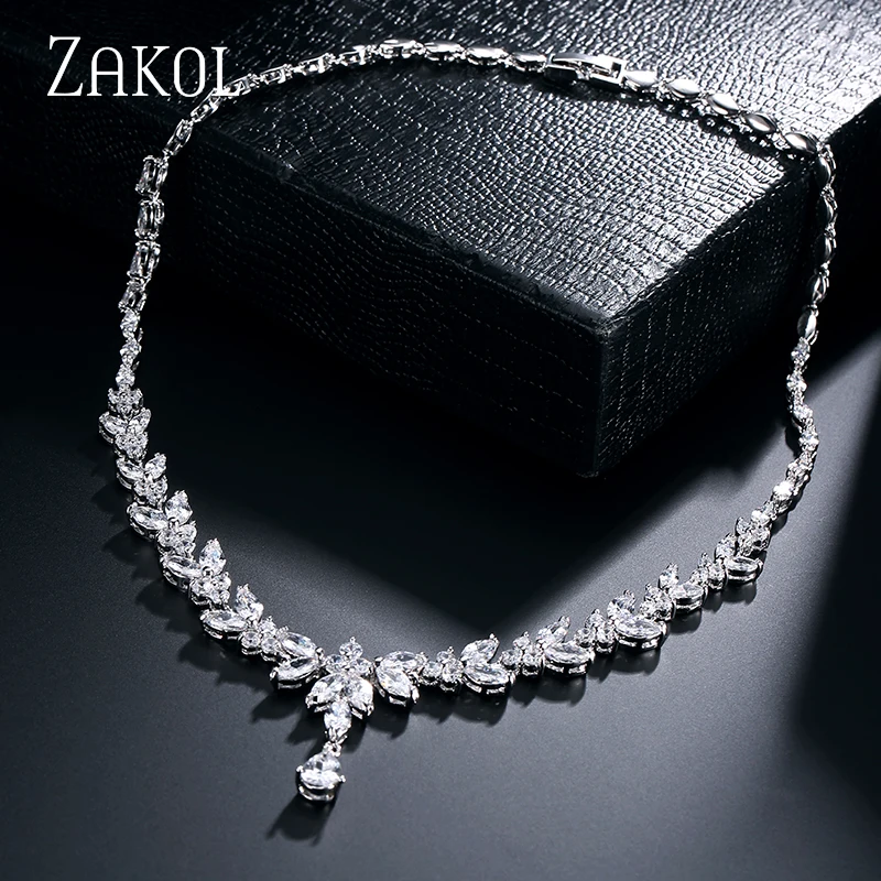 ZAKOL простой модный белый цвет AAA+ CZ циркония лист серьги ожерелье набор для женщин Свадебные Ювелирные наборы FSSP180
