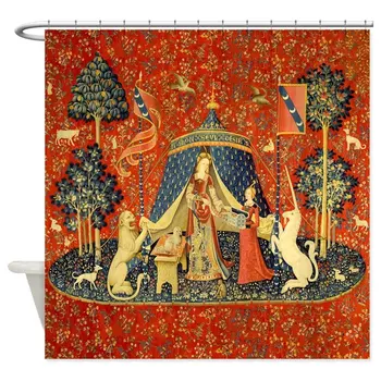 

180X195CM Lady And The Unicorn Medieval Art Shower Curtain Decorative Waterproof Polyester Fabric 12 Hooks