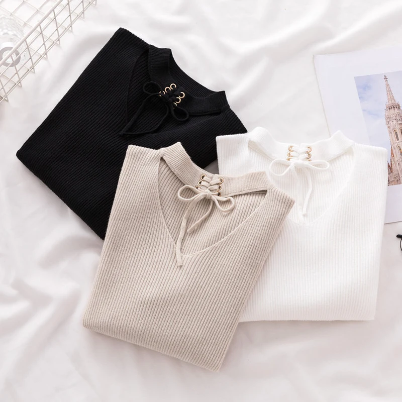 Women Sweater Pullovers Jumper Crop Tops Knitted Long-Sleeve Winter Casual V-Neck Autumn