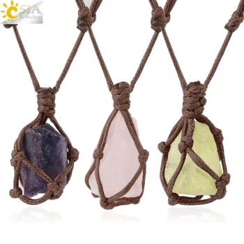 Natural Stone Rope Wrap Necklace Irregular Rose Crystal Quartz Pendant