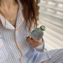 QWEEK Cotton Women's Pajamas Korean Sleepwear Female 2 Piece Set Pijama Plaid Nightwear Autumn Pyjamas Home Clothes Loungewear