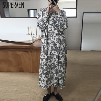 

SuperAen Spring 2020 New Women Dress Round Neck Fashion Casual Ladies Dress Print Long Sleeve Cotton Women Clothing