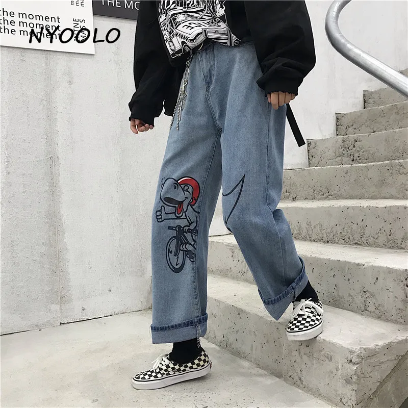 NYOOLO Harajuku уличная Забавный динозавр принт Высокая талия вымытые джинсы осень свободная полная длина прямые женские джинсовые брюки мужские