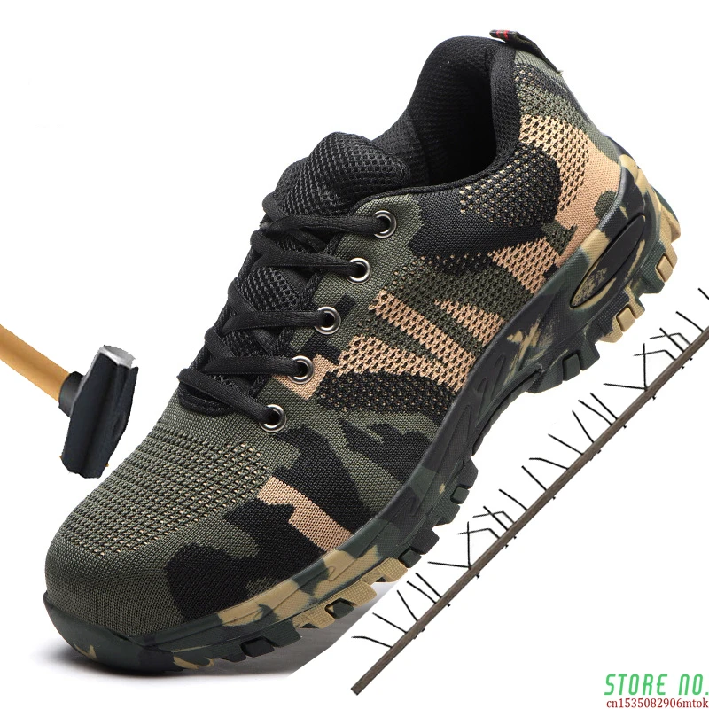 

Man Big Size Piercing Outdoor Shoes Men Steel Toe Cap Military Safety Work Boots Camouflage Puncture Indestructible Shoes