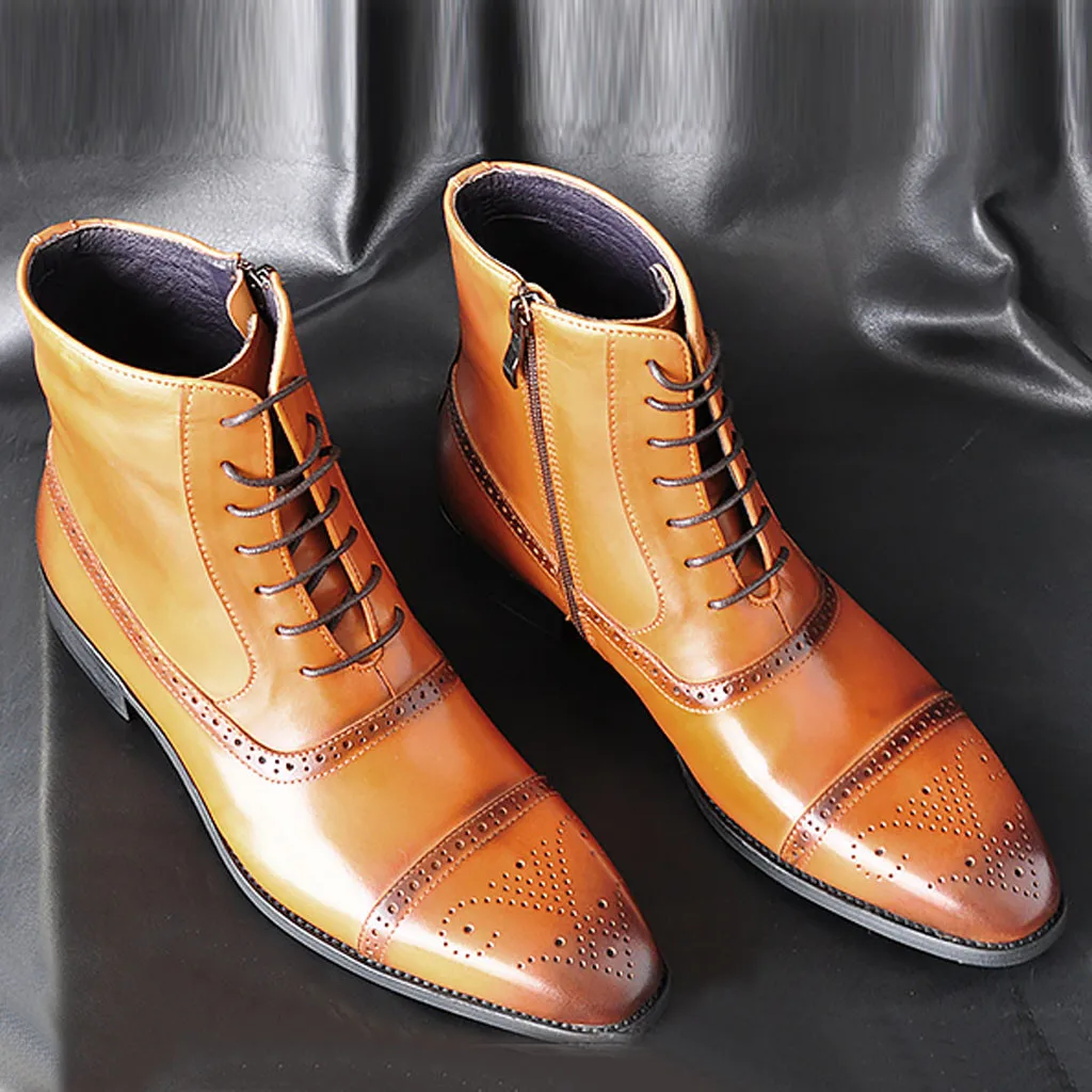 Мужские ботинки; коллекция года; обувь на платформе; мужские зимние модные ботинки с острым носком из искусственной кожи; высокие дышащие ботинки на шнуровке с боковой молнией