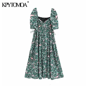 

KPYTOMOA Women 2020 Chic Fashion Floral Print Midi Dress Vintage Puff Sleeve Drawstring Side Hollow Out Female Dresses Vestidos