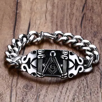

Mens Freemasons Bracelets 316L Stainless Steel Vintage Black Curb Chain Biker Punk Masonic Symbol For Men Jewelry 21CM
