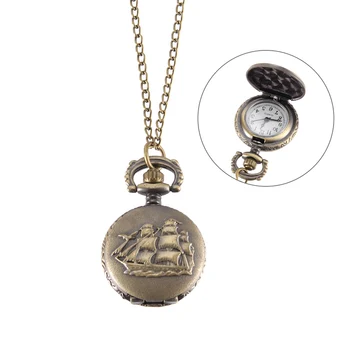 

Vintage Pocket Watch Bronze Color Quartz Watch Cool Chain Sailboat Pattern Watches New Arrival
