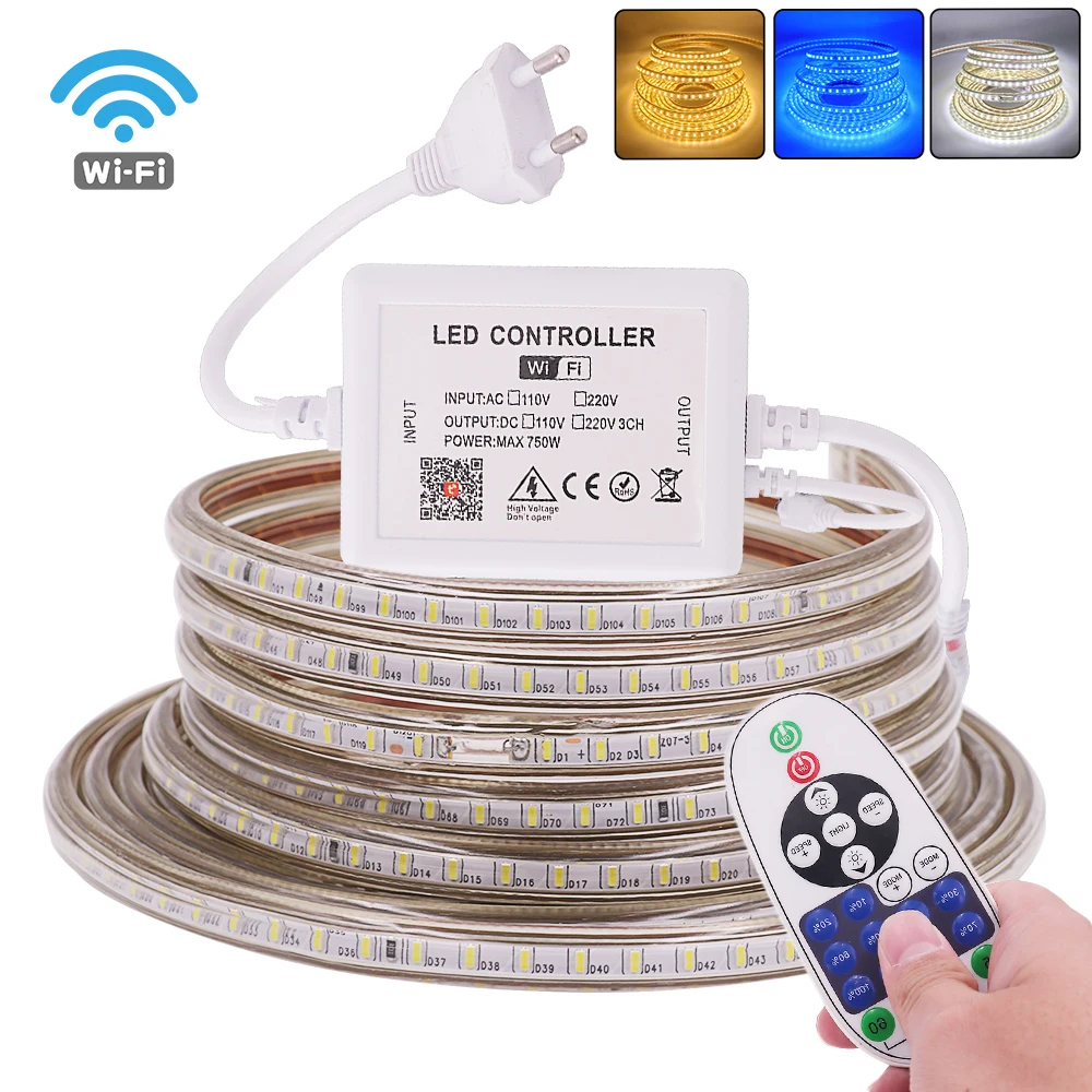 

220V WiFi LED Strip Light Waterproof Tuya APP Control Dimmable LED Tape Lamp 3014 120LEDs/M Flexible Ribbon Diode with Remote
