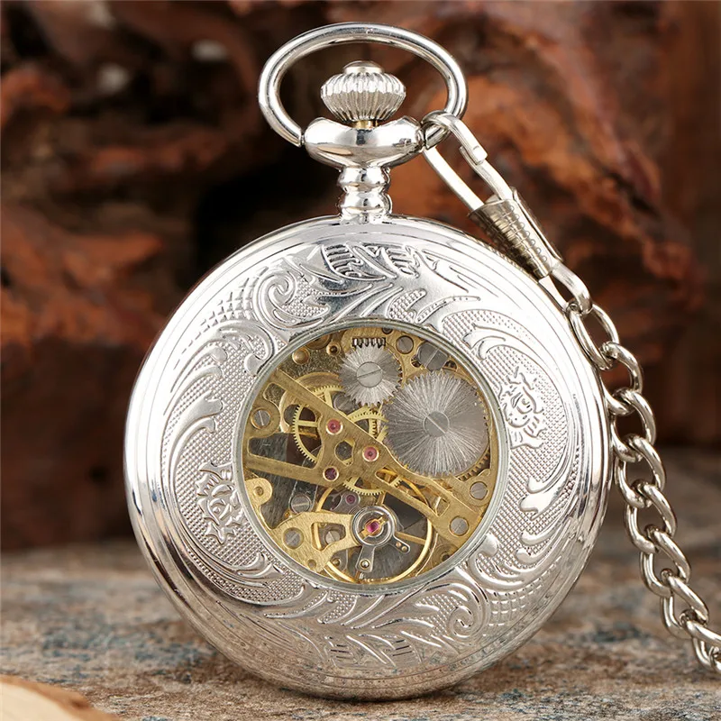 Silver Hollow Case Roman Numeral Dial Pocket Watch Men Women Hand Wind Mechanical Pocket Watches Skeleton Clock Pendant Chain