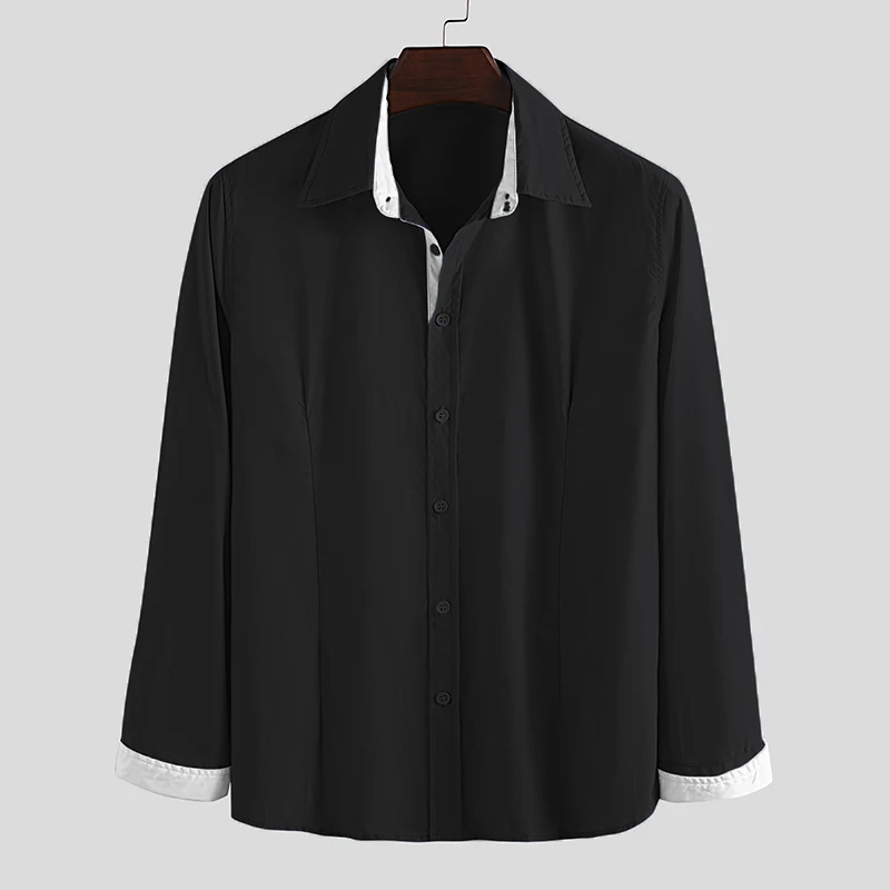 Fashion Mens Dress Shirts Long Sleeve Brand Lapel Button Patchwork Business Socail Shirts Men Fitness Camisa Masculina Plus Size
