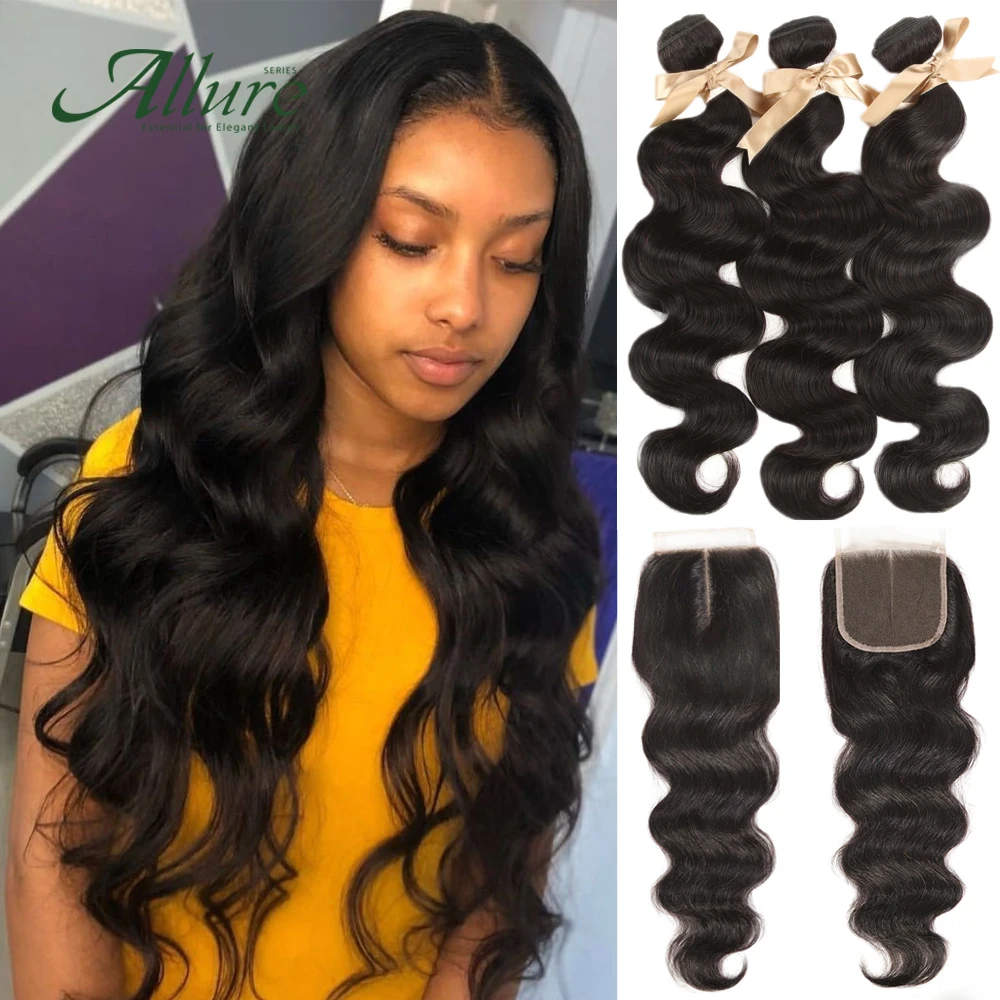 Body Wave Bundles With Closure Non-Remy Peruvian Human Hair 3 4 Bundles With Closure Hair Weaves Free Shipping Allure