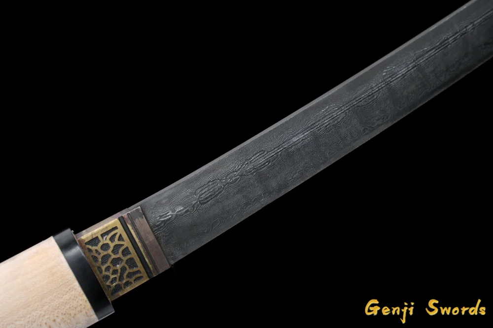 Ancient Handmade Katana Japanese Samurai Straight Sword Sharp Edge Damascus Folded Steel Antique Blade by Yongli Sword