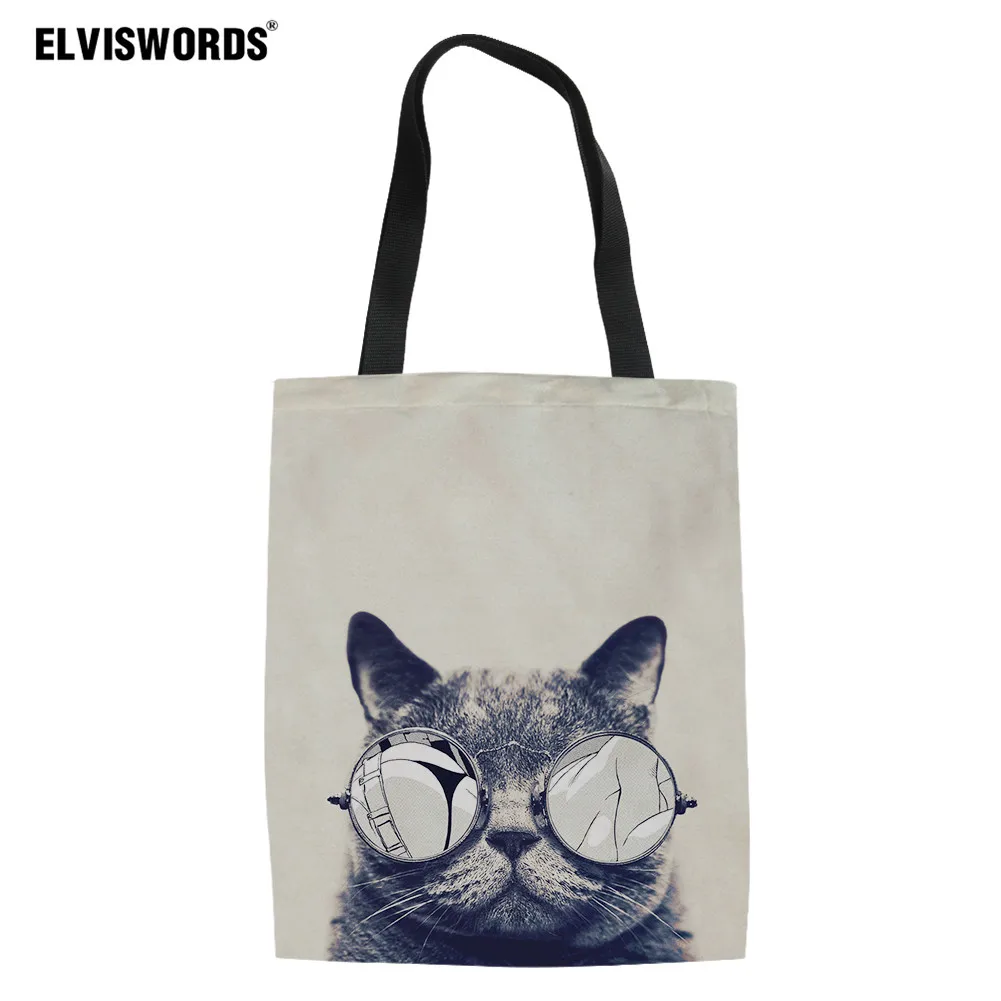 

ELVISWORDS Women's Bags Cat With Sunglasses Printing Ladies Handbag Shoulder Bag with Logo Print for Woman Casual Shopping Bag