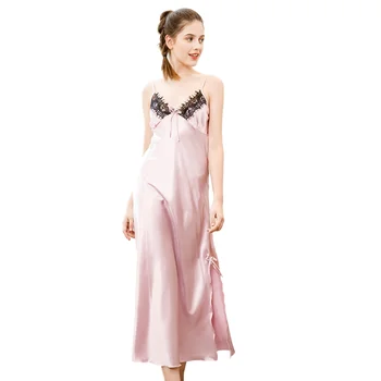 

Pink Women Satin Sleepwear Negligee Lingerie Dress Sexy Lace Night Wear Ladies Long Gowns Night Dress Nightgown V-neck Nightie