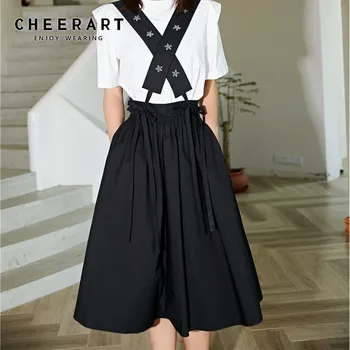 

CHEERART Black Suspender Skirt Summer High Waist Vintage A Line Long Skirt Women 2020 Knee Length Floral Skirt