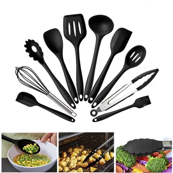

10 Silicone Kitchenware Non-stick Cookware Cooking Tool Spatula Ladle Egg Beaters Shovel Spoon Soup Kitchen Utensils Set #1