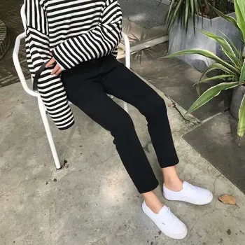 

2019 Autumn Summer Women Preppy Casual Ankle-Length Denim Trousers Mid Black Blue Straight Female Jeans