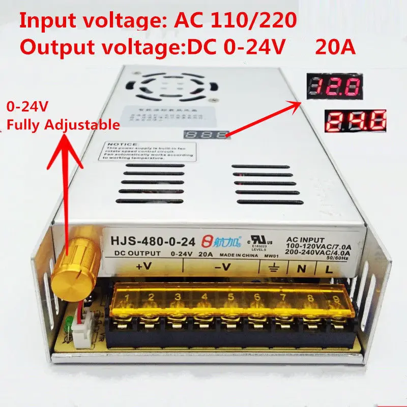 480W 20A 024V Adjustable Power Supply HJS480024 DC voltage