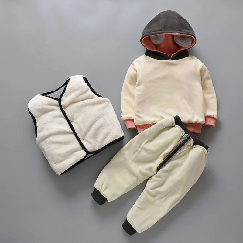 COOTELILI 3pcs Velvet Fleece Toddler Girls Winter Clothes Sets Thicken Fur Boys Clothes Winter Warm Vest + Sweatshirt + Pants (13)