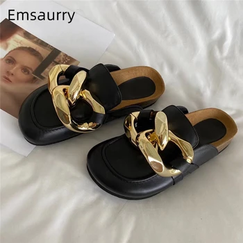 

Big Metal Chains Flat Heel Outwear Mules Women Genuine Leather Round Toe Sewing Cover Toe Lazyman Runway Slippers Women