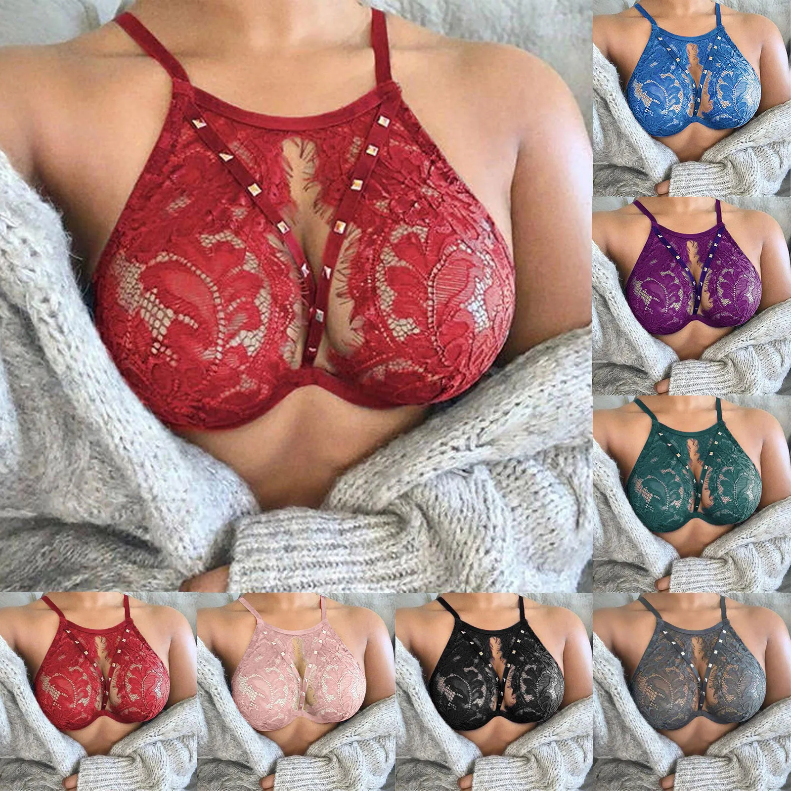 Retro Push Up Bra Underwear Women Solid Color Hollow Lace Sexy Lingerie Sexy Full Cup Garter Bras 7 Colors Пояс Для Чулок