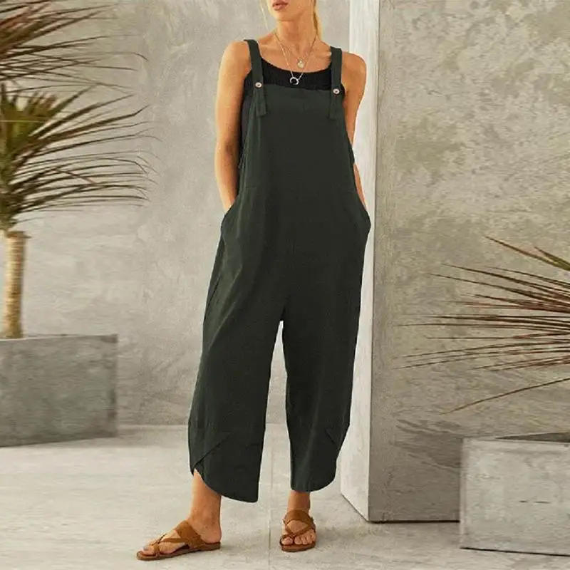 

VONDA Autumn Rompers 2020 Summer Sexy Sleeveless Loose Spaghetti Strap Solid Playsuits Casual OL Office Overalls Plus Size 5XL