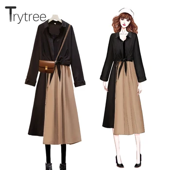 

Trytree Spring Autumn Women Two Piece Set Casual Turn-down Collar Single Breasted Solid Tops + Dress Sling A-line 2 Piece Set