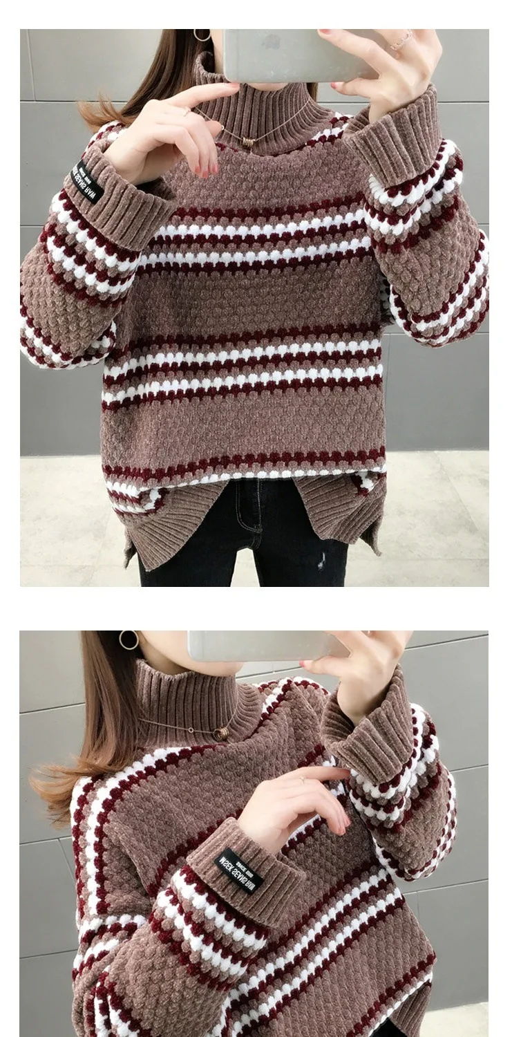 Women 2021 Fashion Soft Touch Loose Knitted Sweater Korean Vintage High Neck Long Sleeve Female Pullovers Chic Tops pink sweater