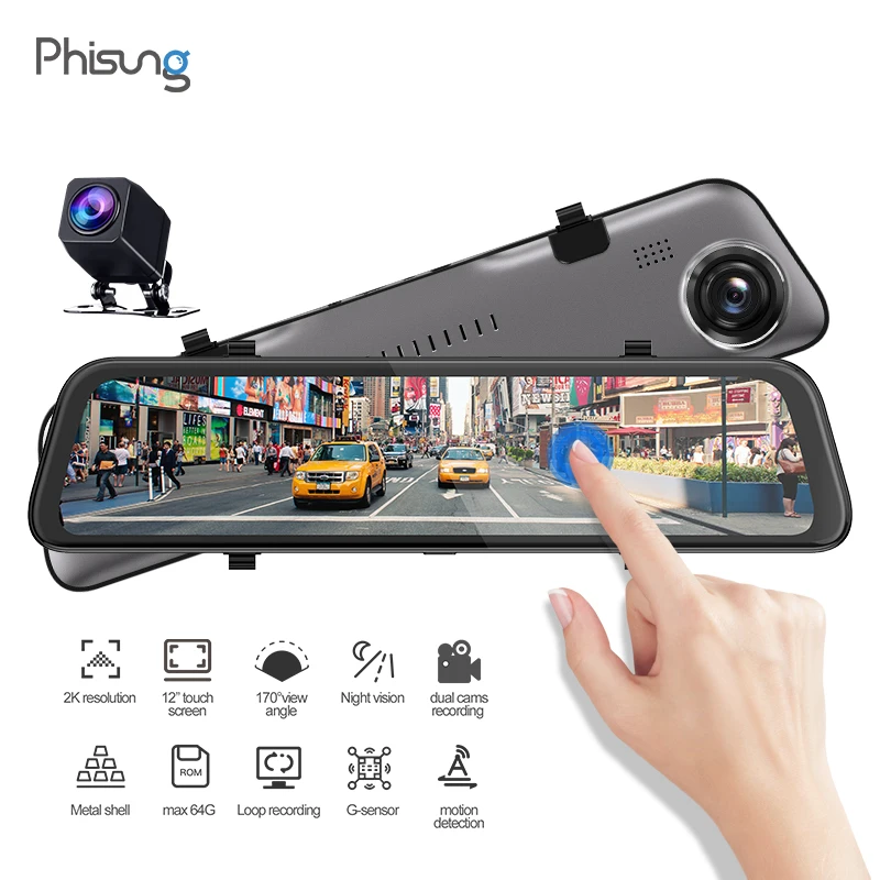 Резервная камера Phisung 11,6" зеркальная видеорегистратор 2K 2560P+ 1080P с двойным объективом для переднего и заднего вида, с функцией ночного видения, gps, записная дорожка, видеорегистраторы