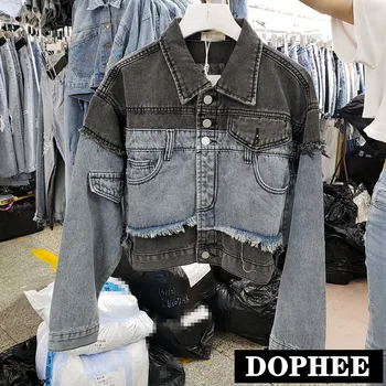 

2019 Spring and Autumn Personality Grey Blue Stitching Denim Jacket Women's Short Lapel Single-breasted Jeans Coat Outwear