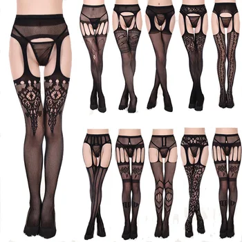 

Women Sexy Lingerie Stripe Elastic Stockings Transparent Black Fishnet Stocking Thigh Sheer Tights Embroidery Pantyhose Dropship