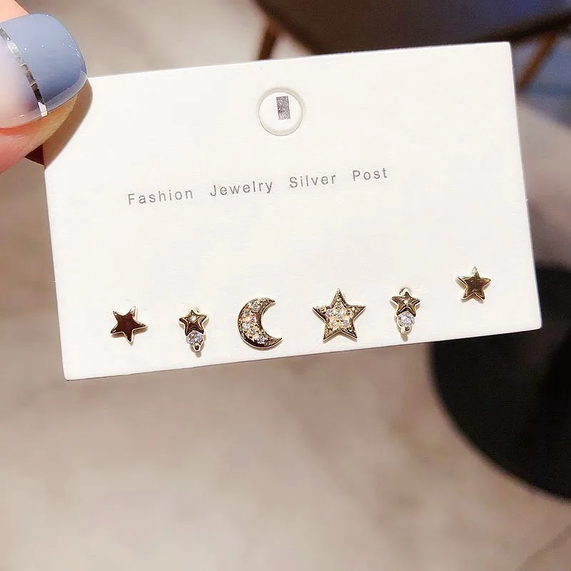 Модные простые серьги-гвоздики Mini Moon Star комплект из 6 предметов с кубическим