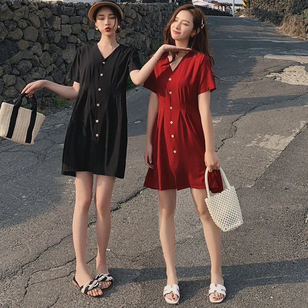 

Photo Shoot INS Best Friend-Skirt 2019 Summer New Style WOMEN'S Dress French Retro CHIC Mid-length V-neck Dress