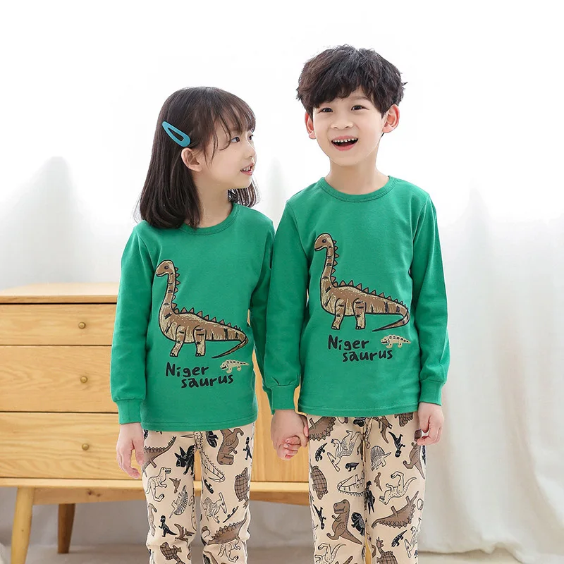 Детские хлопковые пижамы, 90 до 160 см детские пижамы с рисунком динозавра, одежда для сна с длинными рукавами для маленьких мальчиков и девочек, одежда для сна