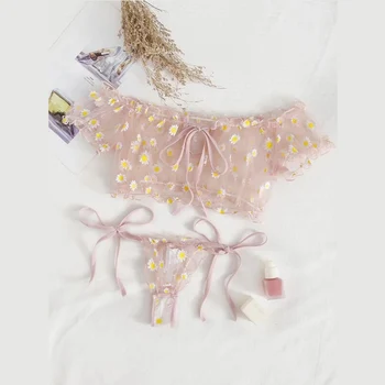 

2Pcs Women Lingerie Suit Sexy Sheer Daisy Floral Printing Off-Shoulder Crop Top + Bow knot Tie-Waist Thong-Panty Underwear Sets