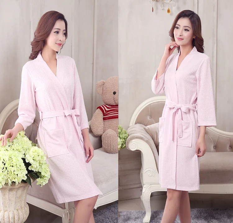 Summer Casual Nightrobe Solid Robe100% Cotton Waffle Robe Women&Men Soft Bath Robe highly absorbent Sleepwear Loose Homewear