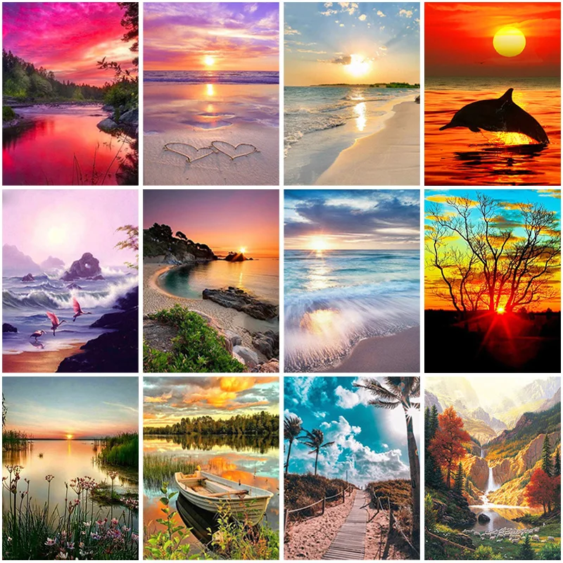5D Diamond Painting Landscape Sunset Full Round/Square Drill Embroidery Mosaic Scenery Picture of Rhinestones Home Decor | Дом и сад