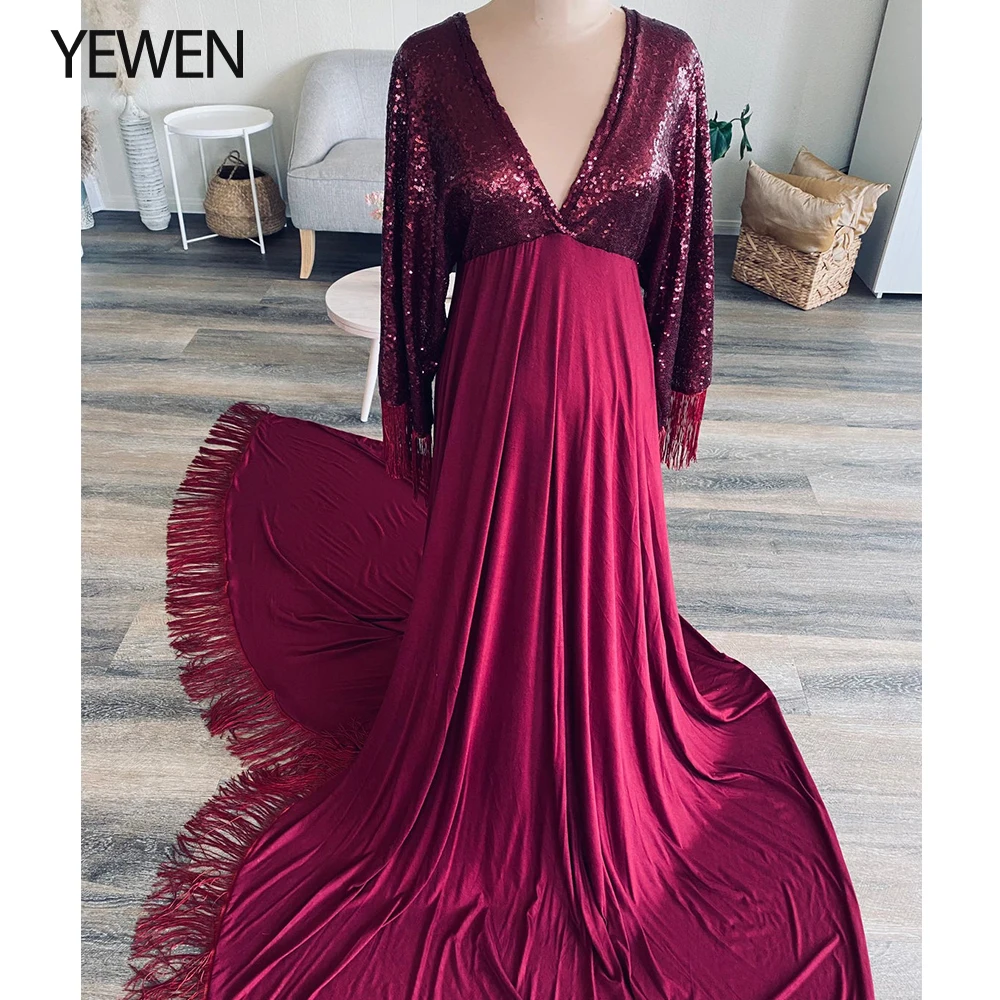 Burgundy Boho Evening Dress Flutter Dress Maternity Gowns for Photo Shoot Bohemian Beach Photography Dress YEWEN dinner dresses for ladies Evening Dresses