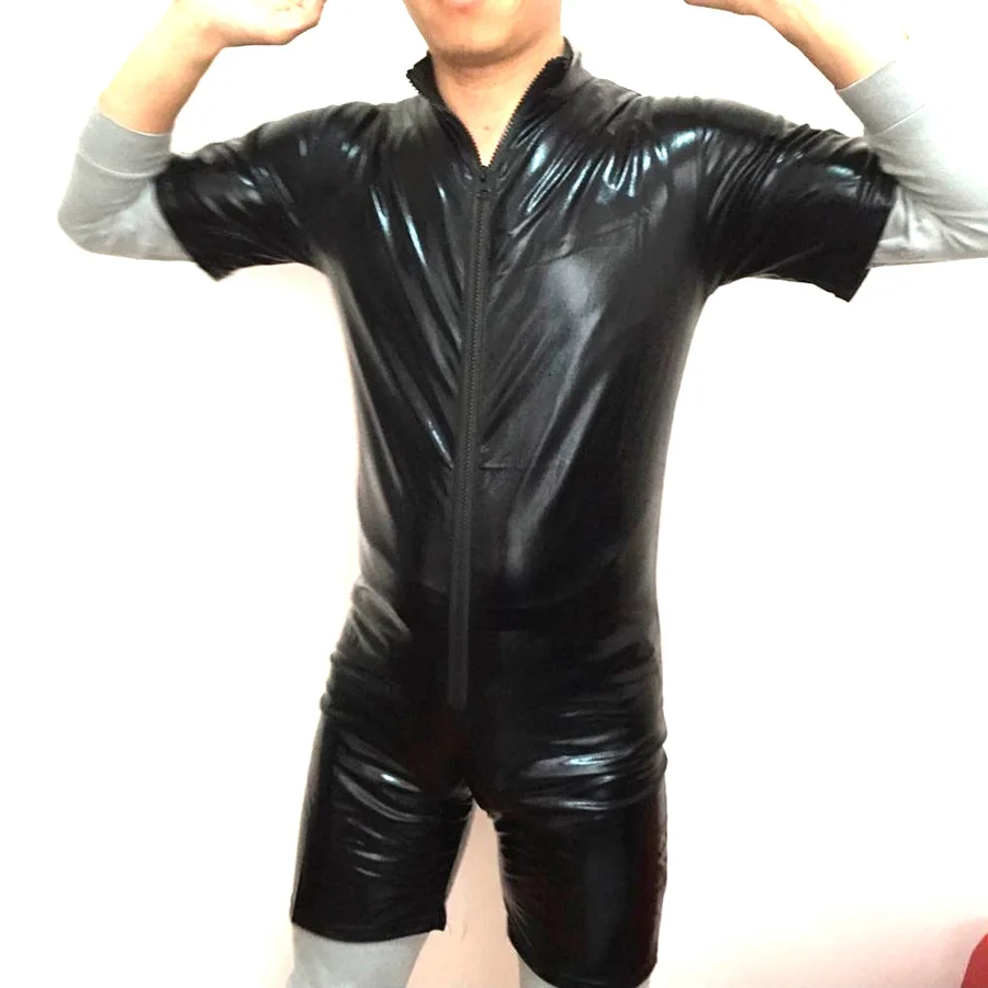 

Sexy Men Latex Bodysuit Hot PVC Open Crotch Zipper Latex Catsuit PU Leather Costumes Erotic Nightclub Party Uniform