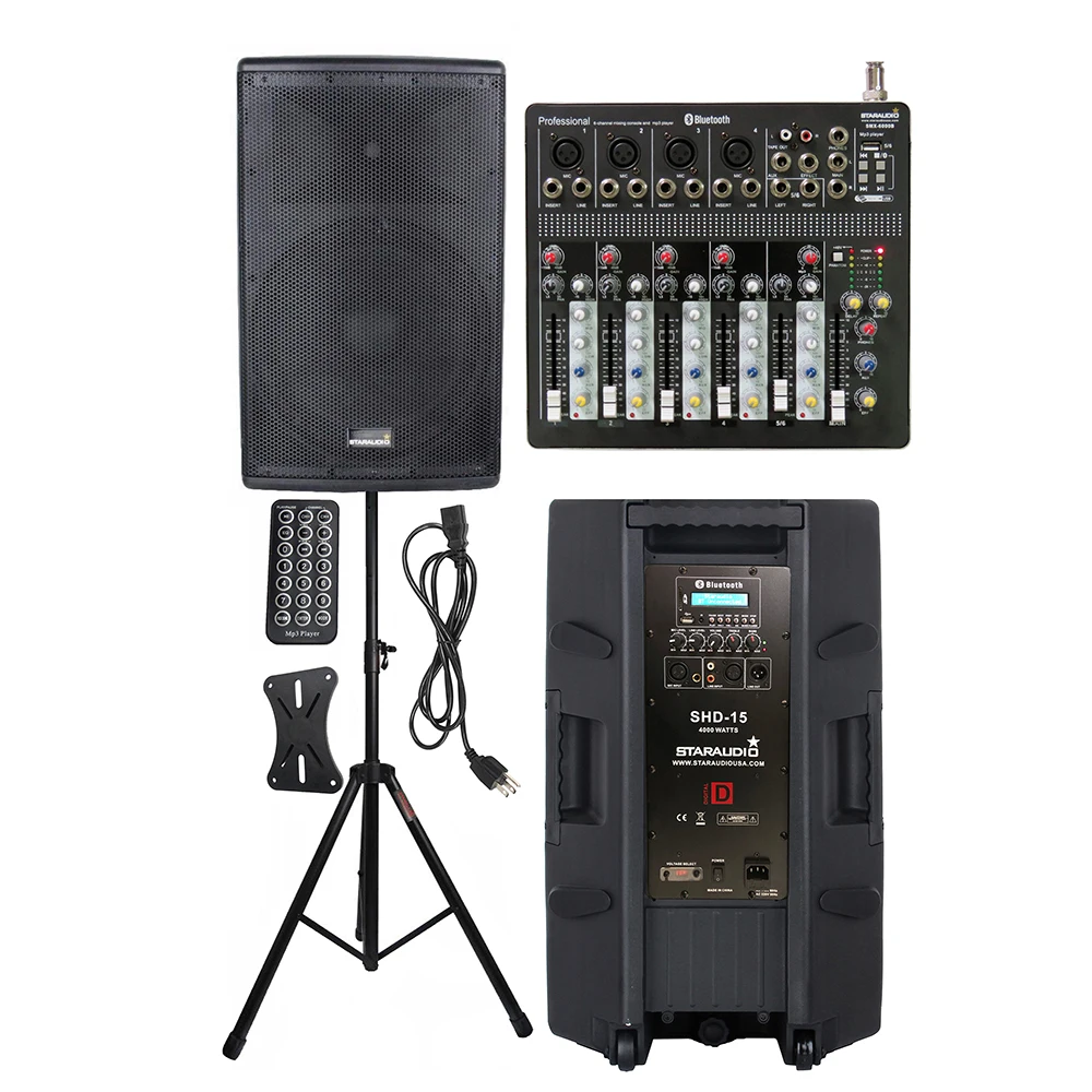 

STARAUDIO 4000W 15" Active DJ Powered PA Stage Bluetooth Speaker 4-Ohm Party Speaker Stand 6 Channel MP3 DJ BT USB Mixer SHD-15