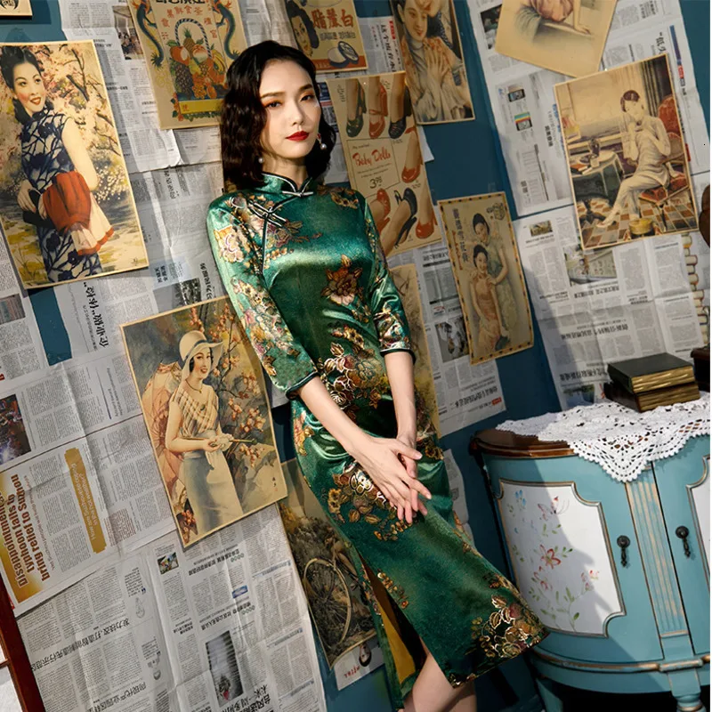 Sheng Coco L-5XL плюс размер женский золотой бархат классический Новинка Зеленый Qipao платья красивый женский китайский халат с длинными рукавами высокое качество