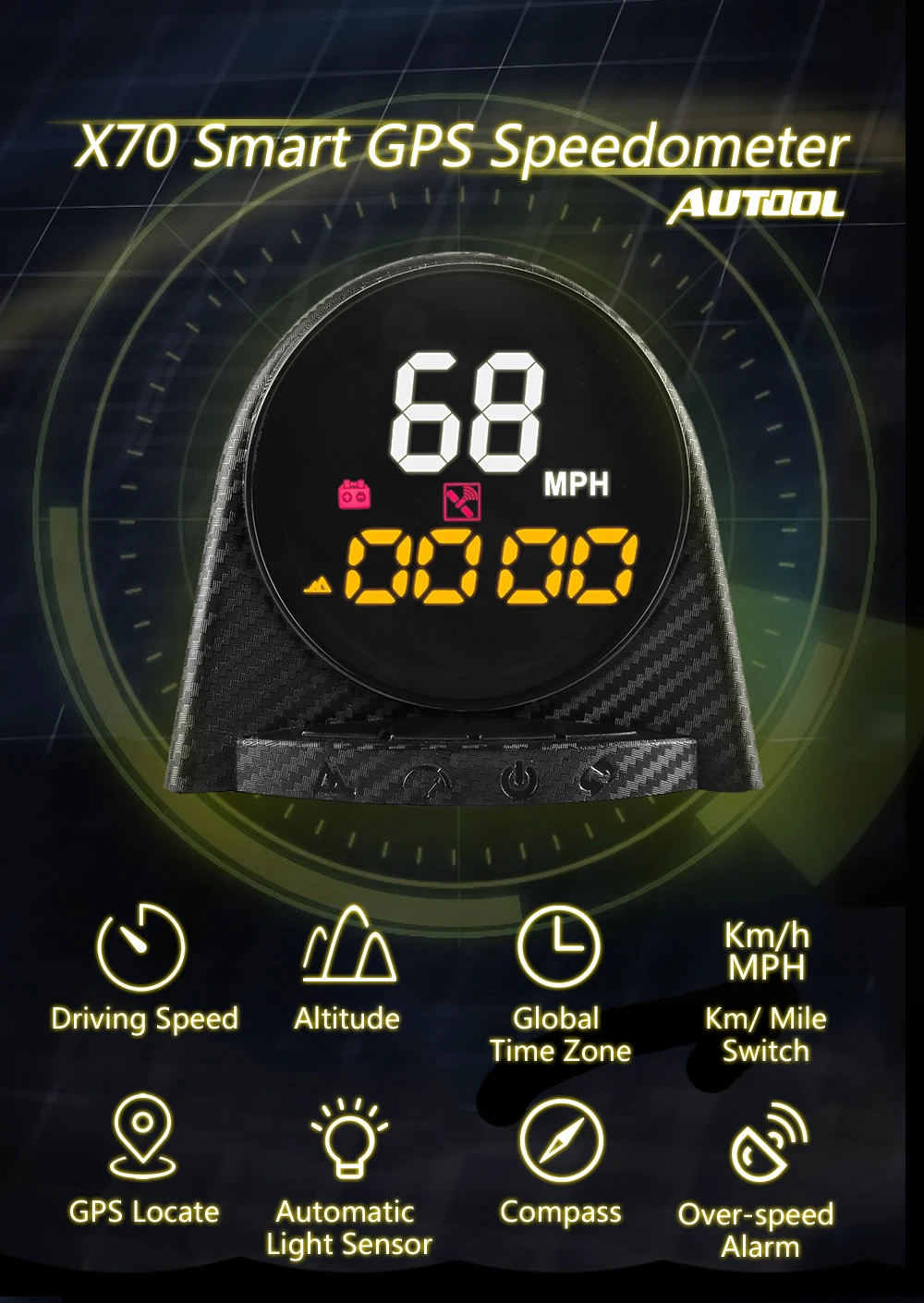 AUTOOL X70 gps Head up цифровой дисплей HUD измеритель скорости высота время компас над скоростью электронный сигнал тревоги для всех транспортных средств