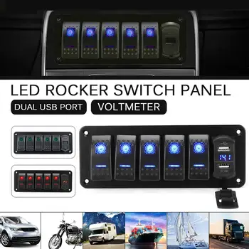 

6 Gang LED Rocker Switch Panel Digital Voltmeter 3 Colors Dual USB Port 12V / 24V Outlet Combination Waterproof Car Marine Boat