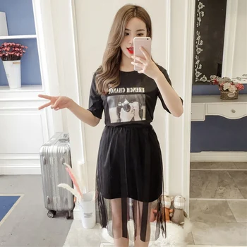 

2019 Women Sexy Letter Print Shoulder T-shirt Lace Skirt Two Piece Set Female Mesh Skirt Sets