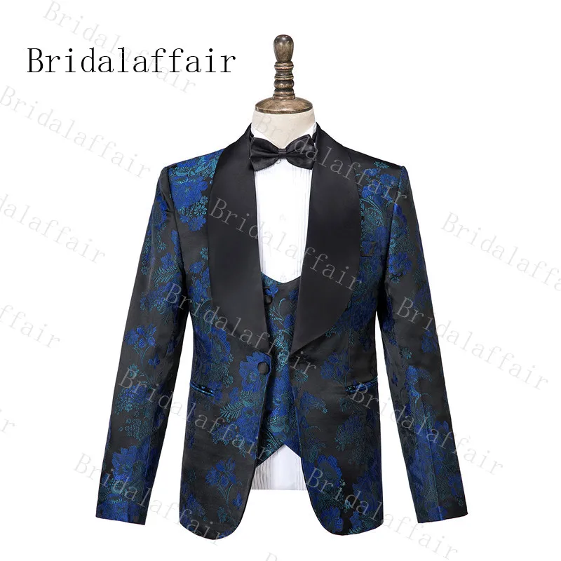Bridalaffair черные костюмы Синие жаккардовые мужские костюмы принца 3 шт. осень Банкетная серия Жених мужской свадебный смокинг шаль лацкан